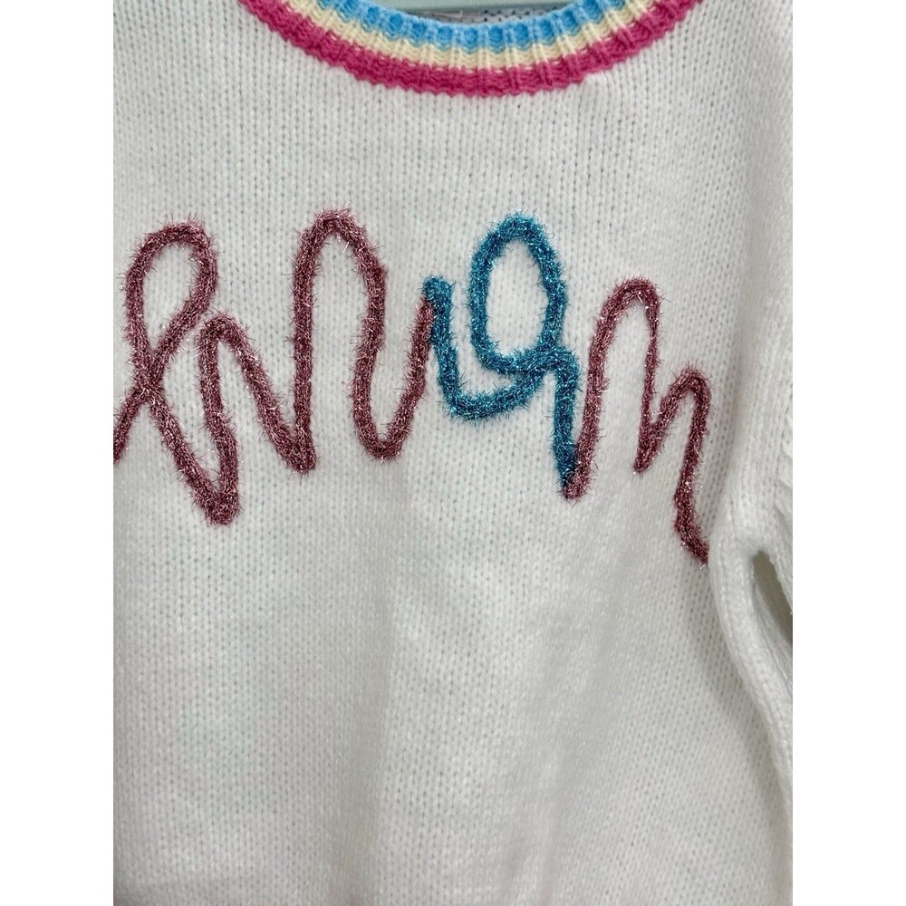 EUC BiBi Fuzzy Cursive Script Spring Sweater Coquette Y2K Puff Sleeve Knit Top S - Picture 3 of 15